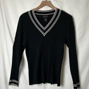 Lane Bryant Black Ribbed V Neck Sweater White Stripe Trim Long Sleeve Size 14/16